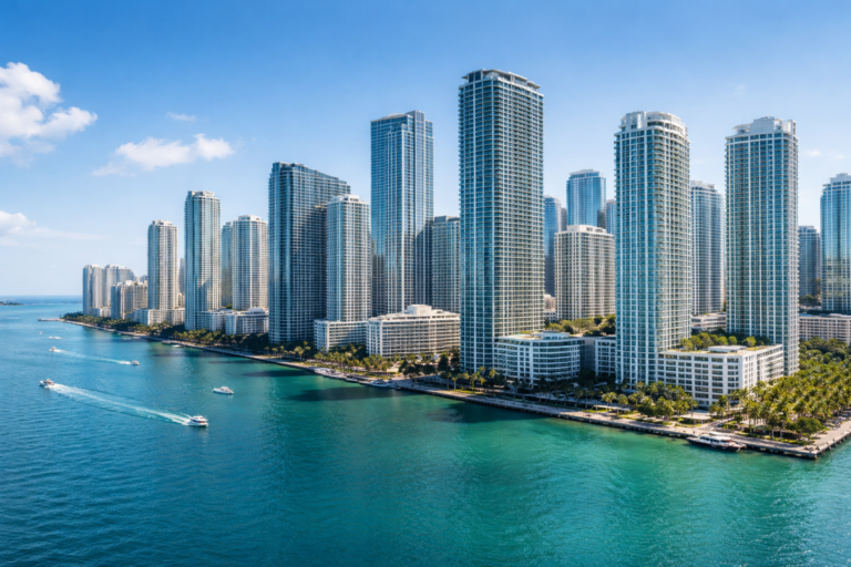 Brickell Miami skyline with luxury condo towers and Biscayne Bay