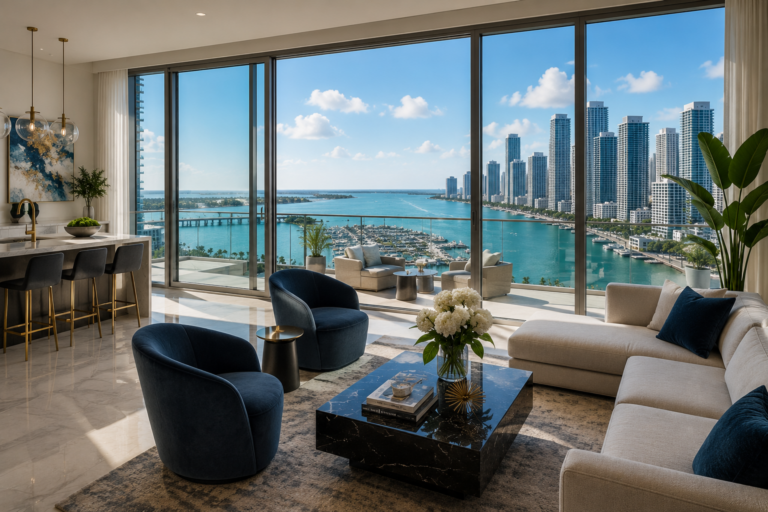 Luxury Miami condo living room with floor-to-ceiling windows, Biscayne Bay views, modern interiors, and skyline scenery.
