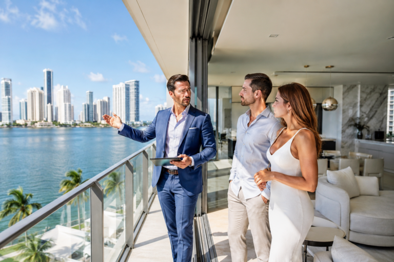 Luxury Miami condo balcony consultation overlooking Biscayne Bay and the skyline, matching a South Florida real estate market update.